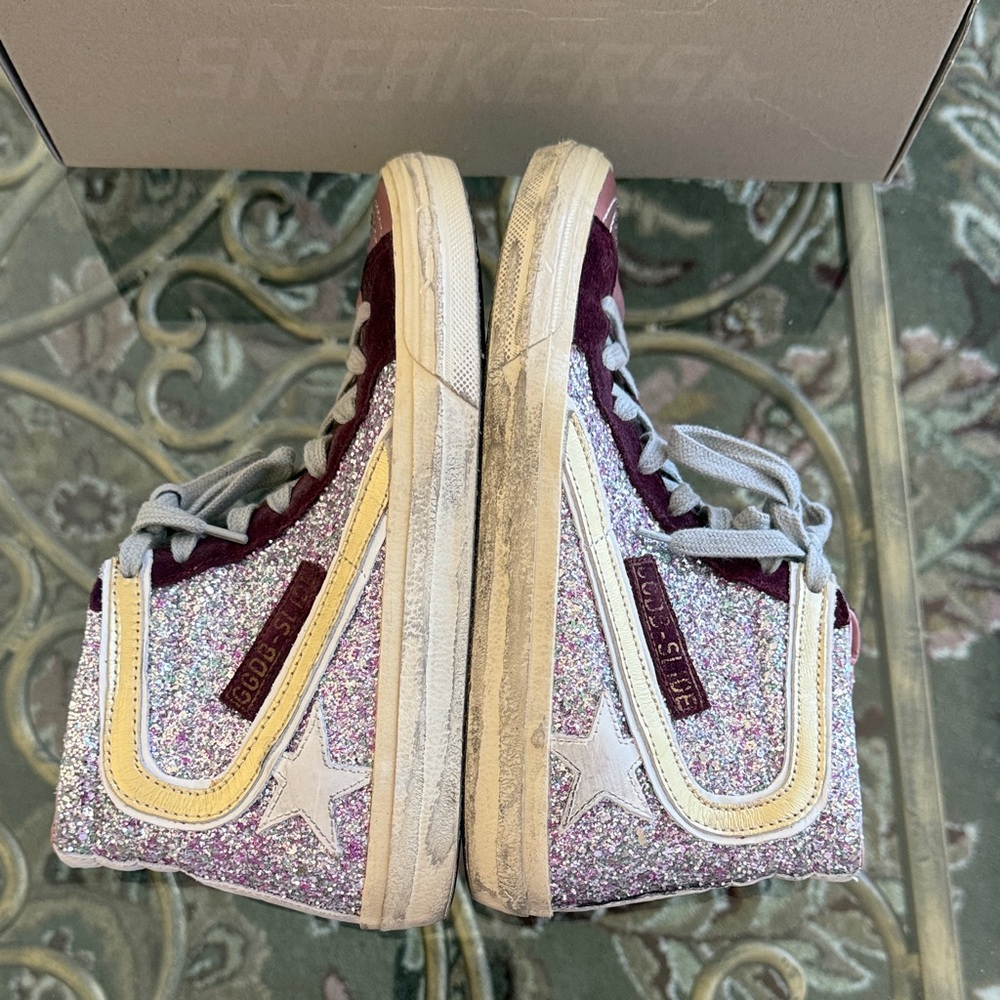 BRAND NEW! Golden Goose 100% Authentic Glitter High-Top Sneakers - Pink and Gold - Picture 2 of 13